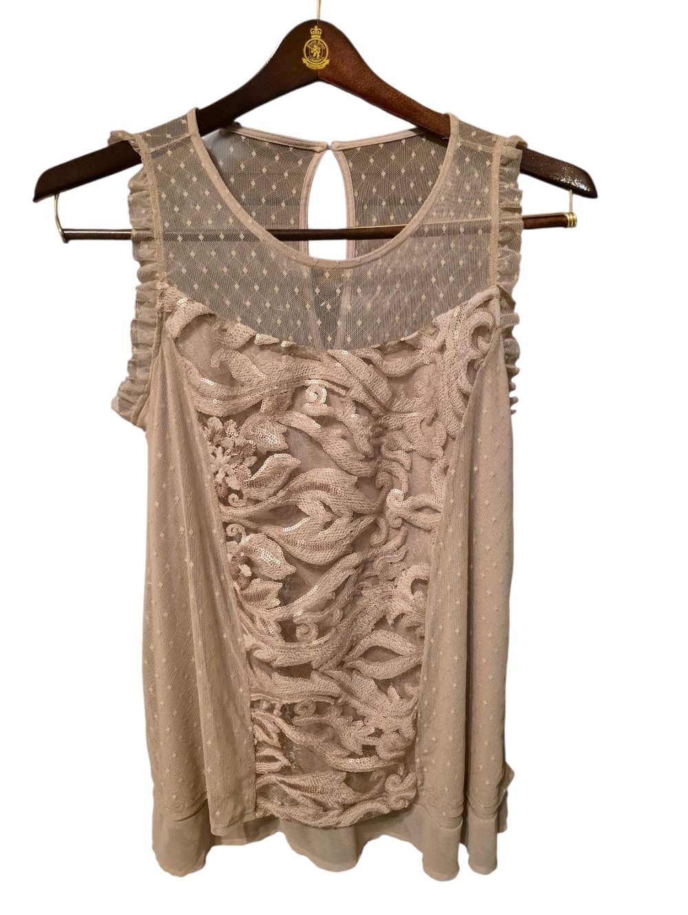 Womens Sleeveless Top, Cream, Ruffles, Size L